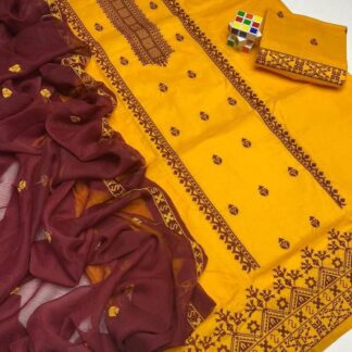 Unstitched Cotton Suit Yellow Maroon Embroidered