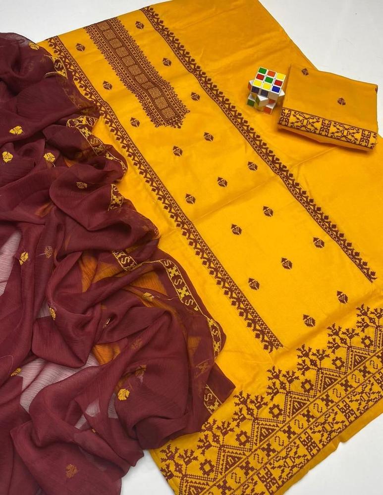 Unstitched Cotton Suit Yellow Maroon Embroidered