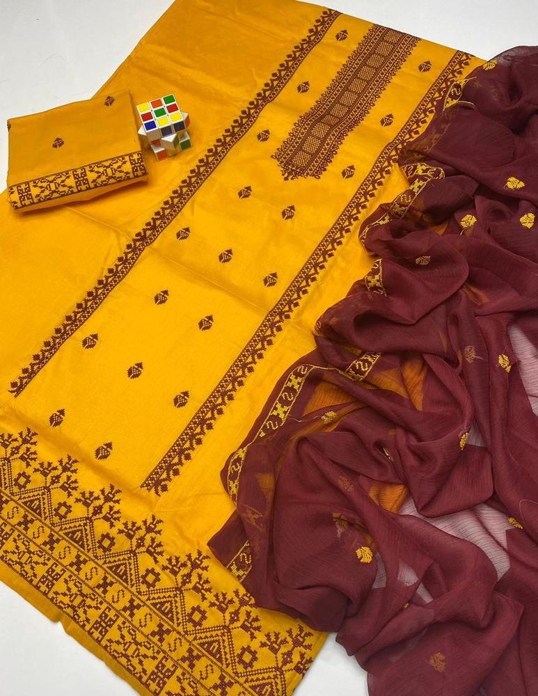 Unstitched Cotton Suit Yellow Maroon Embroidered - Image 2