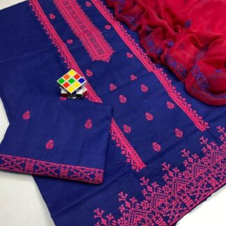 Blue Cotton 3-Piece Suit with Pink Embroidery & Chiffon Dupatta