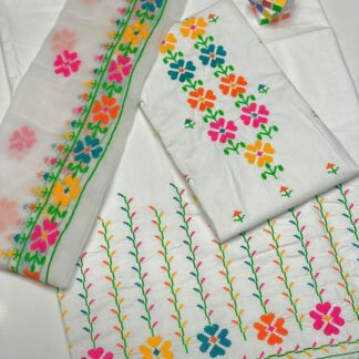 Women Cotton Floral Embroidered Suit White Pink Orange Blue