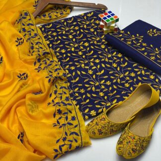 Cotton Embroidered 4-Piece Suit Blue Gold Khussas