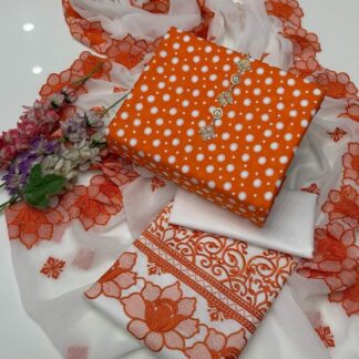 Cotton Lawn Printed 3-Piece Suit Orange Pakistan