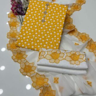 Unstitched Cotton Lawn Suit Yellow Printed 3-Piece Set