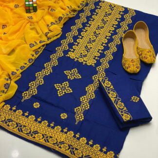 Royal Blue Cotton Lawn Suit with Golden Embroidery for Weddings & Parties