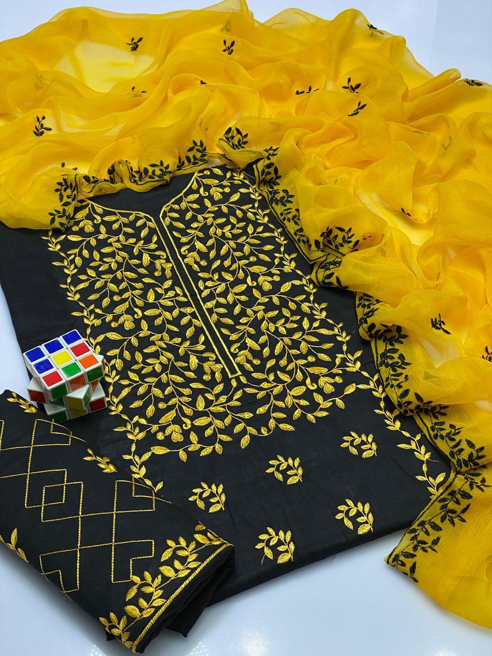 Black Cotton Lawn 3-Piece Embroidered Suit with Chiffon Dupatta - Image 2