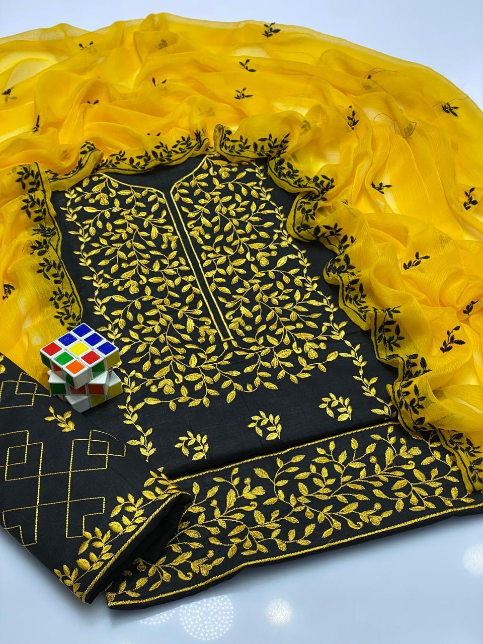 Black Cotton Lawn 3-Piece Embroidered Suit with Chiffon Dupatta - Image 3