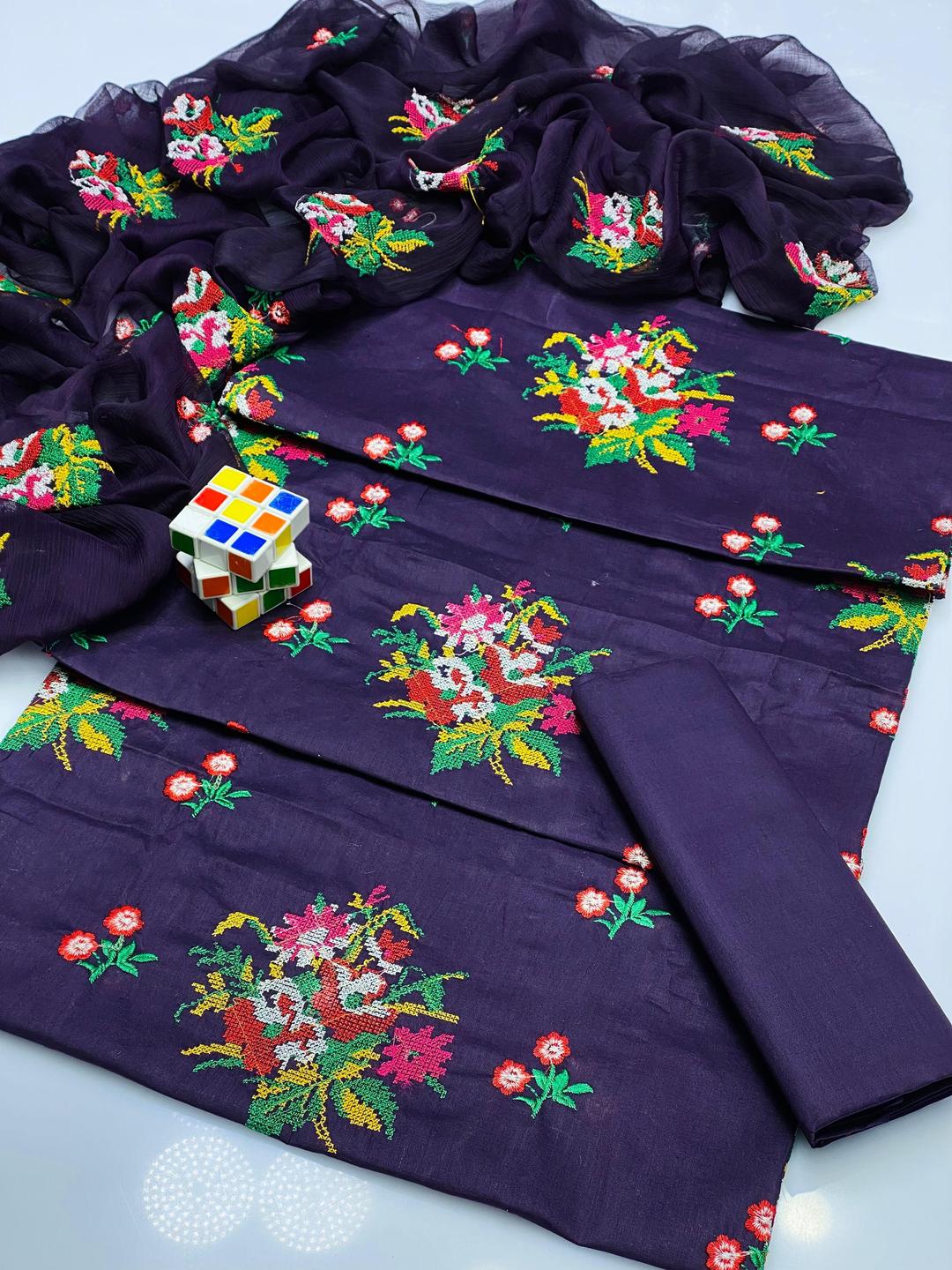 Purple Floral Embroidered 3-Piece Suit for Eid & Weddings