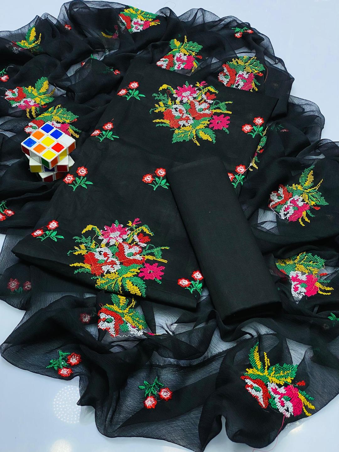 Black Chiffon Floral Embroidered 3-Piece Suit for Eid