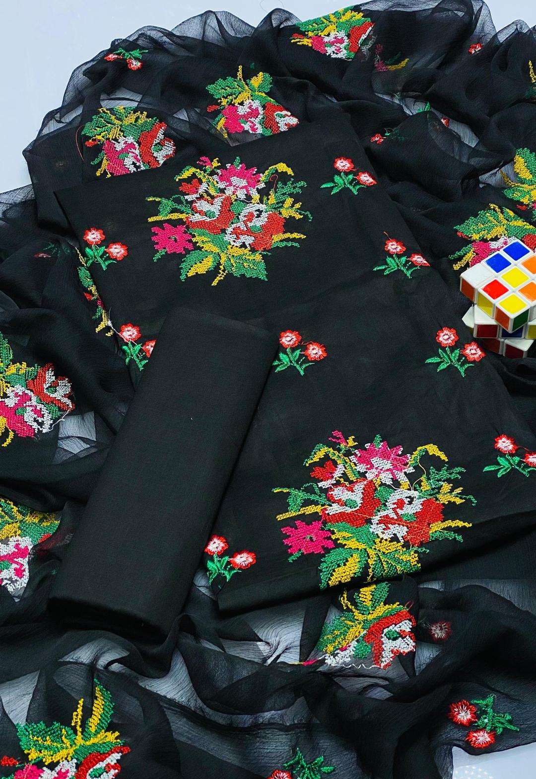 Black Chiffon Floral Embroidered 3-Piece Suit for Eid - Image 2