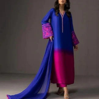 3-Piece Printed Shamoz Silk Suit Blue Magenta