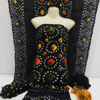 Black Linen 3-Piece Suit with Orange Green Diamond Work