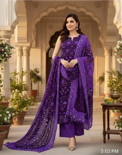 Purple Printed 3-Piece Unstitched Suit for Women
