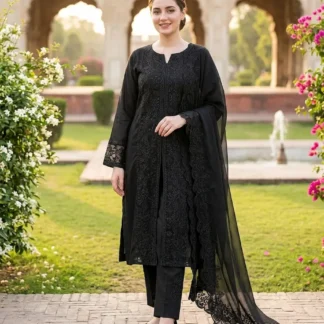 Black Chikankari 3-Piece Women's Suit with Chiffon Dupatta