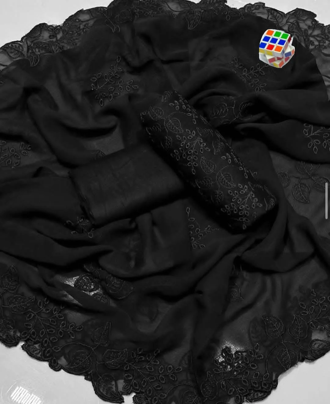Black Chikankari 3-Piece Women's Suit with Chiffon Dupatta - Image 2