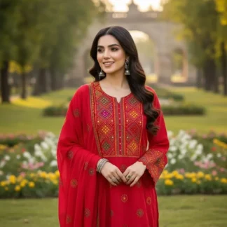 Red Sheesha Work Chiffon Suit for Women