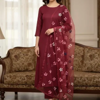 Maroon Embroidered Net Suit for Women Wedding Party Wear