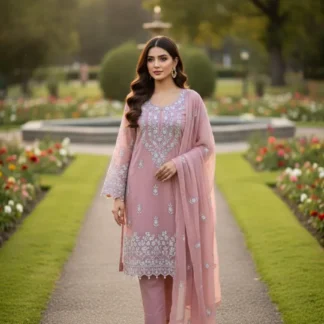 Pink Chiffon Hand Embroidered 2-Piece Suit for Women