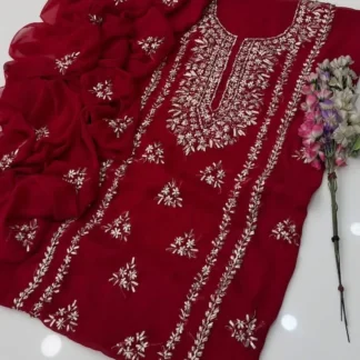 Red Chiffon Gota Work 2-Piece Suit for Weddings