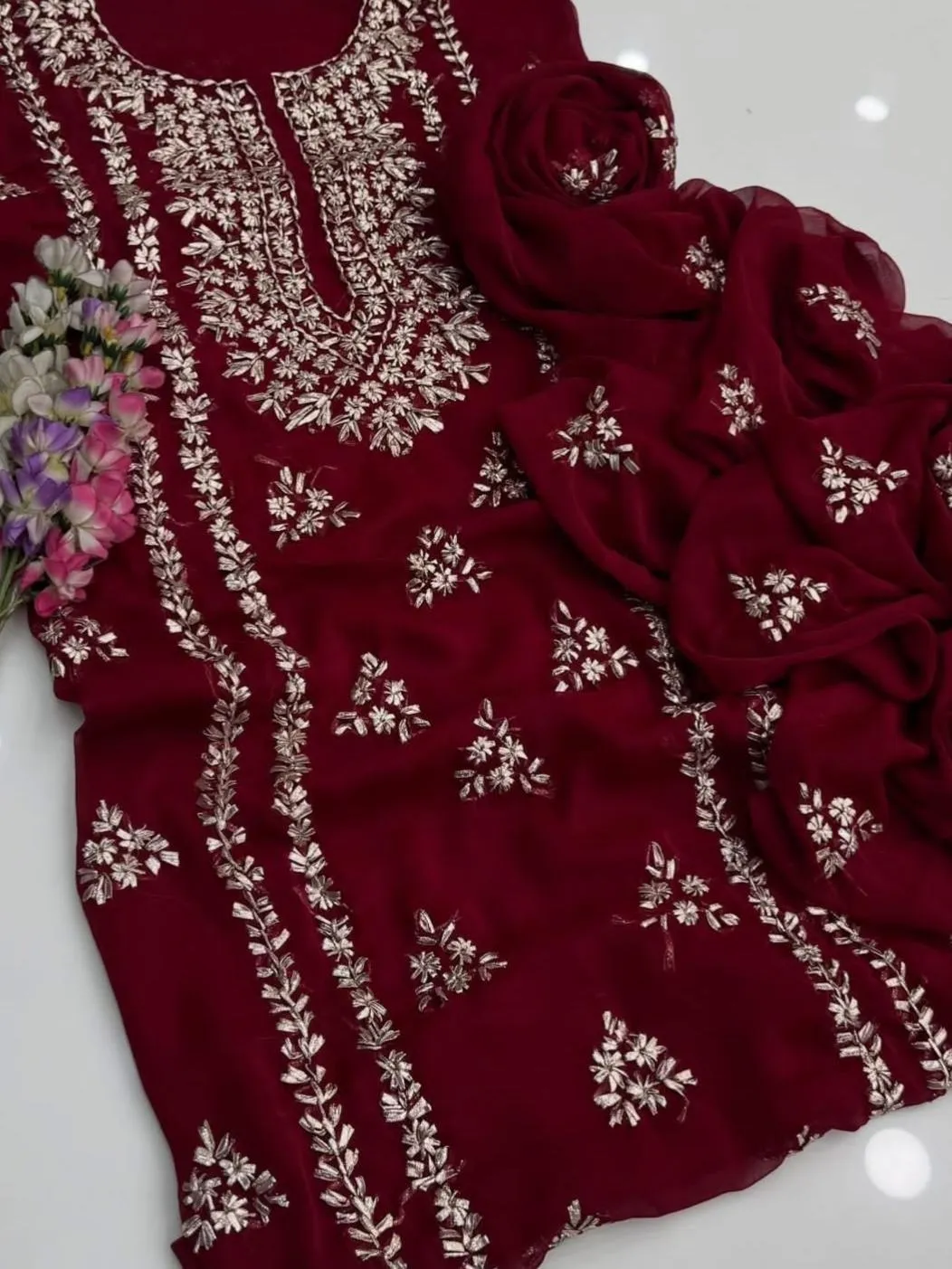 Maroon Chiffon Gota Work Suit for Weddings & Festivals - Image 2