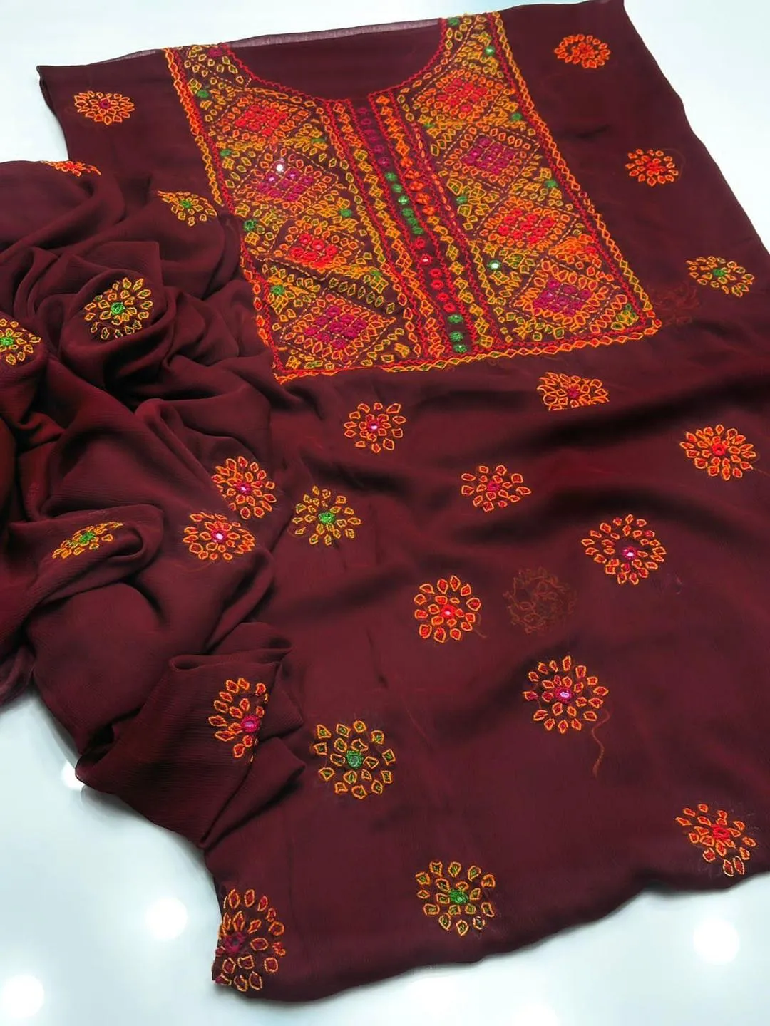 Maroon Hand-Embroidered Chiffon Suit for Women