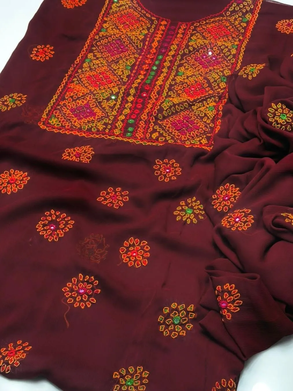 Maroon Hand-Embroidered Chiffon Suit for Women - Image 2