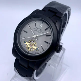 Men's Black Matte Steel Luxury Watch with Open Heart Window