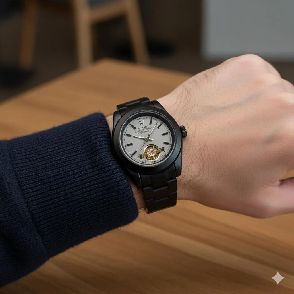 Men's Black Matte Steel Luxury Watch with Open Heart Window - Image 6