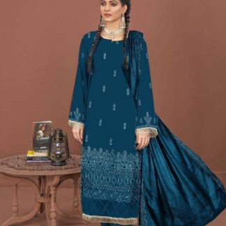 3-Piece Dhanak Suit Blue Embroidered for Women