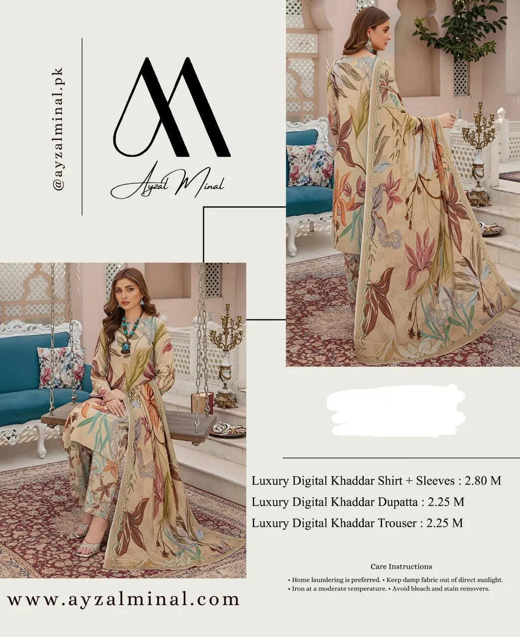 3 Piece Printed Khaddar Suit Peach for Women