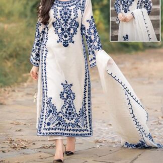 Women's White Embroidered Organza 3Pcs Set Medium