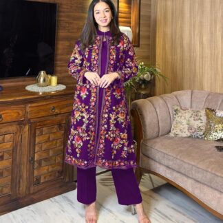Women's Purple Katan Silk Embroidered Gown Set Medium