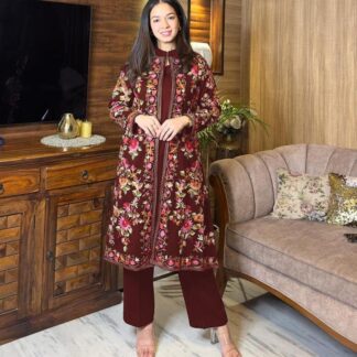Women's Maroon Katan Silk Embroidered Gown Set Medium