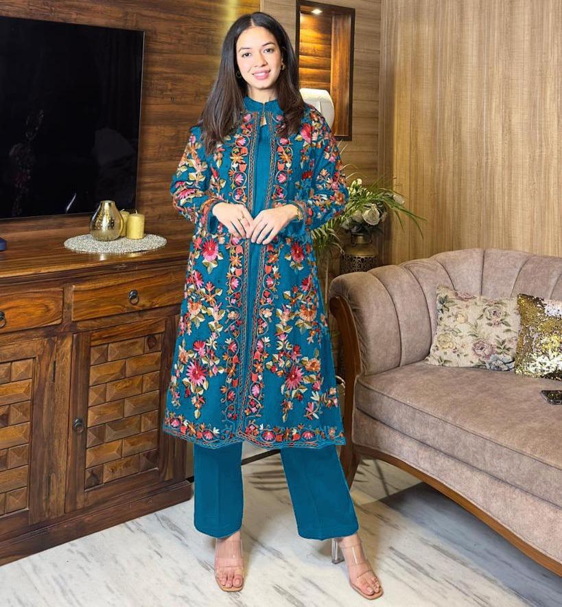 Women Katan Silk Embroidered Gown Set Blue Medium