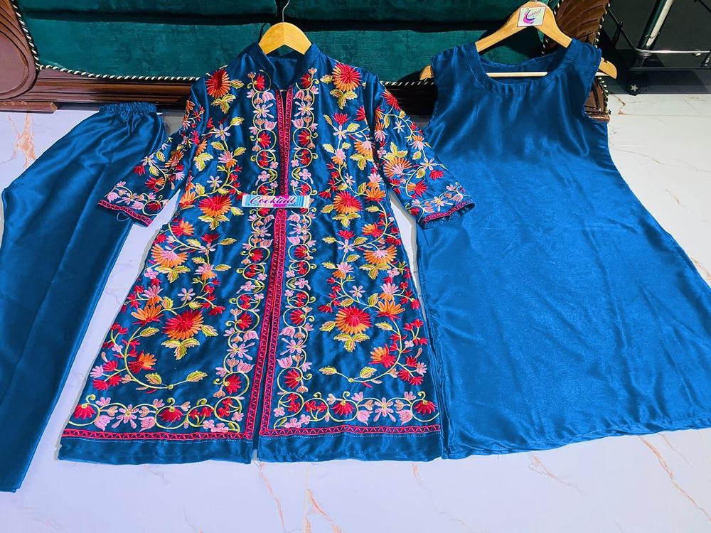 Women Katan Silk Embroidered Gown Set Blue Medium - Image 2