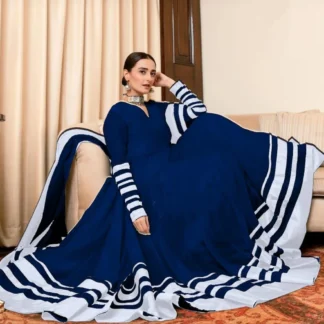 Blue Applique Crinkle Chiffon Maxi Set for Women