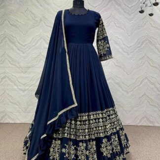 Women's Navy Blue Embroidered Maxi Set