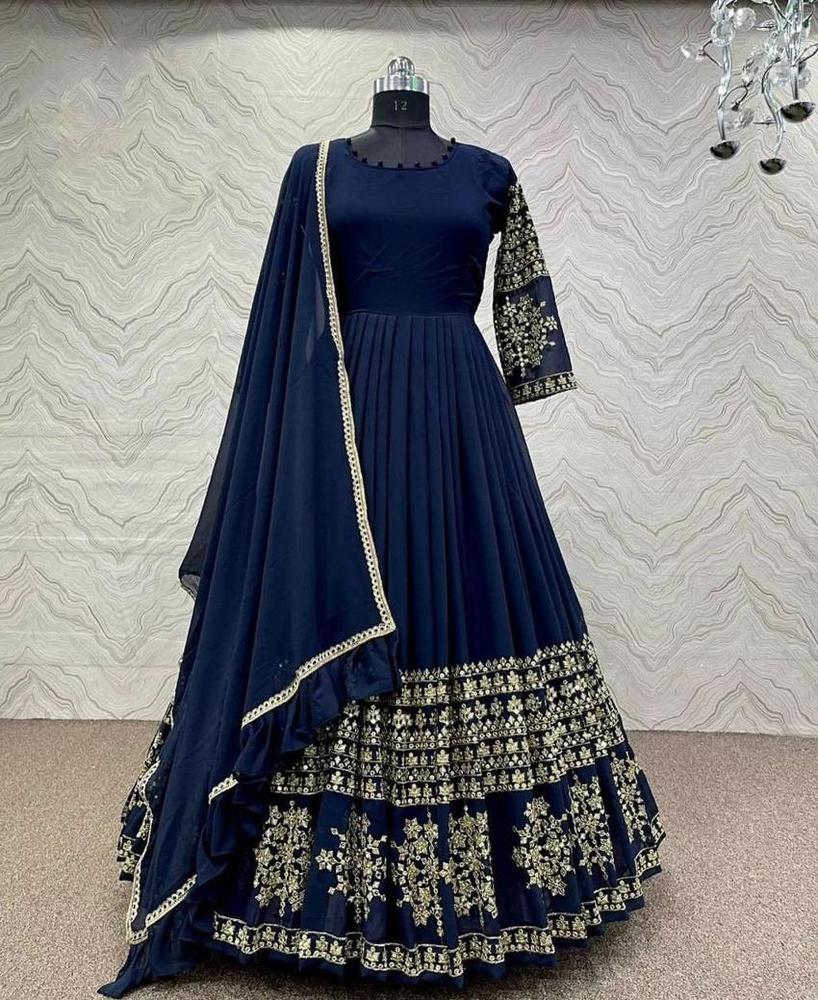 Women's Navy Blue Embroidered Maxi Set
