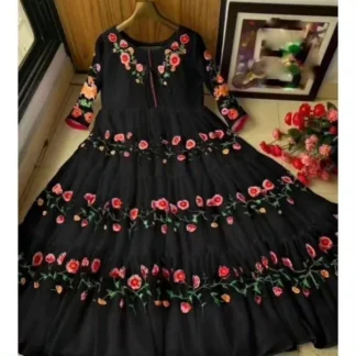 Black Embroidered Crinkle Chiffon Maxi Dress for Women