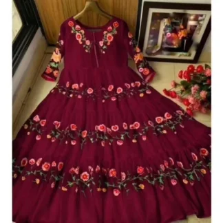 Maroon Embroidered Maxi Dress for Women