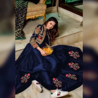 Navy Blue Embroidered Maxi Suit for Women Medium Size Shamoz Silk Party Wear