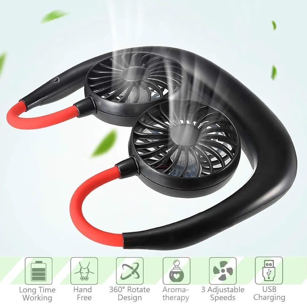 USB Neck Fan Black Red 360° Rotate 3 Speeds