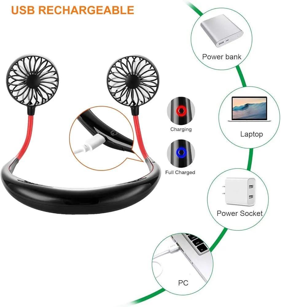 USB Neck Fan Black Red 360° Rotate 3 Speeds - Image 3