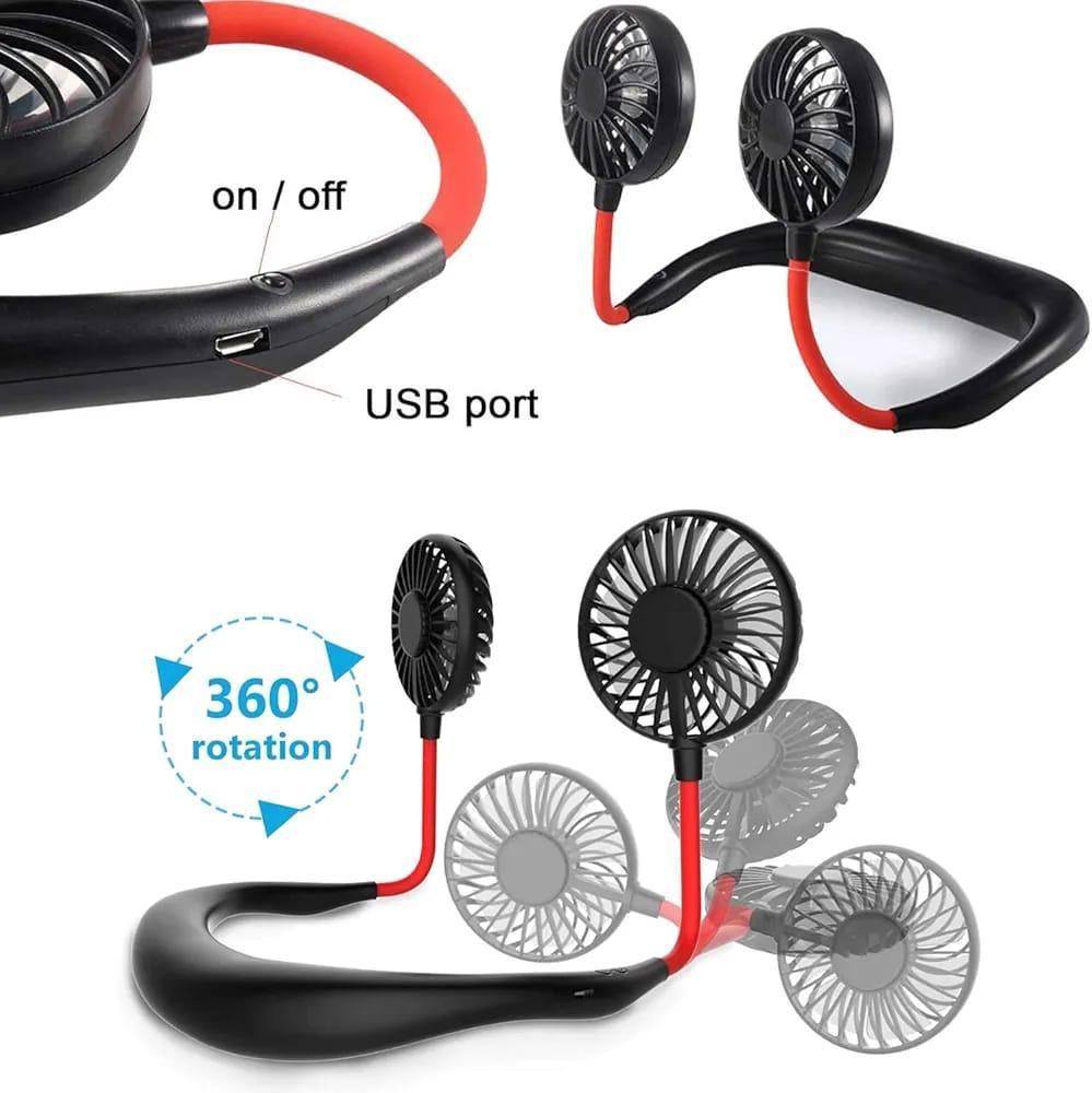 USB Neck Fan Black Red 360° Rotate 3 Speeds - Image 4