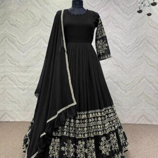 Black Embroidered Shamoz Silk Maxi Set for Women