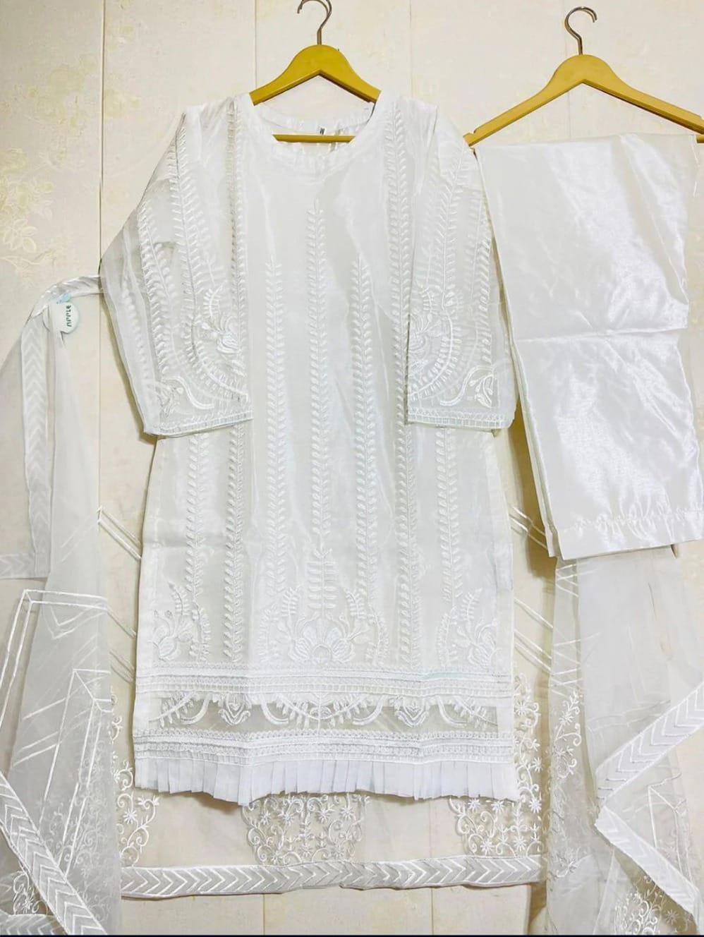 White Organza Embroidered 3Pcs Set Medium - Image 4