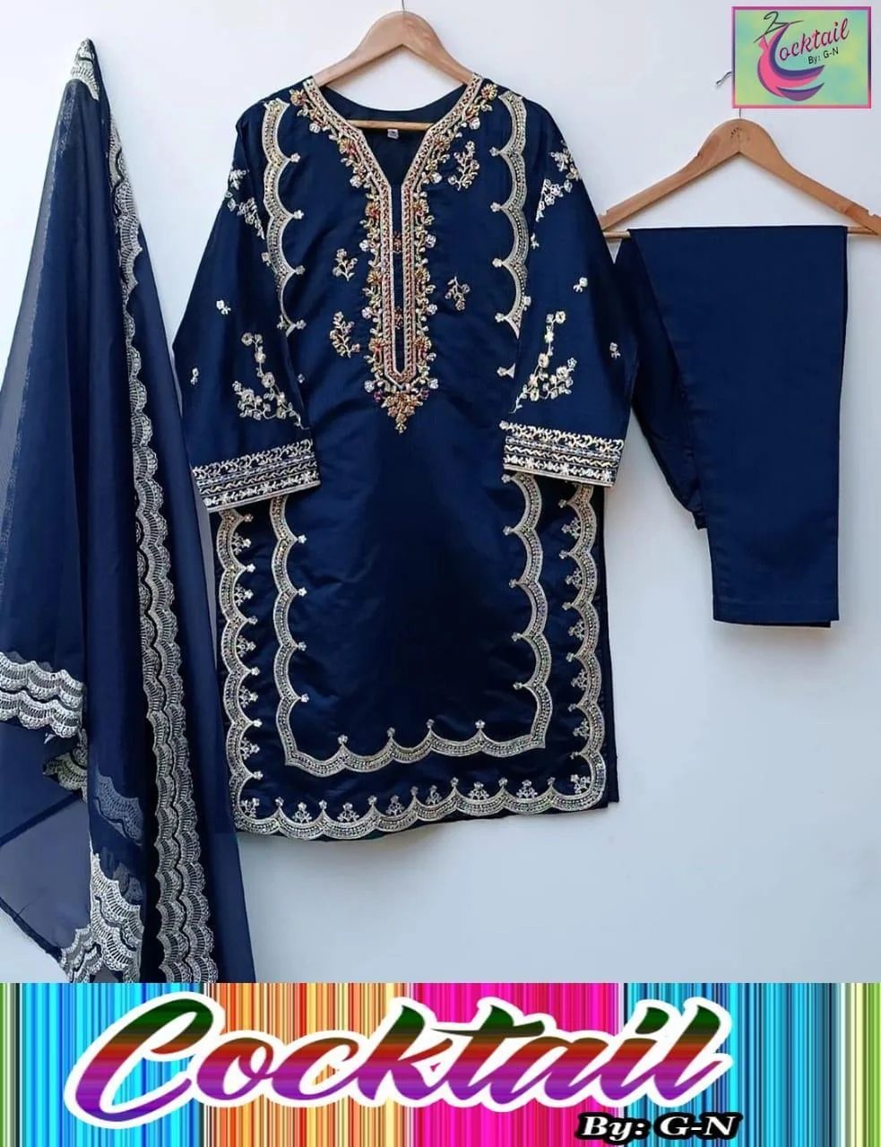Embroidered Shalmose Silk Women's Stitched Suit with V-Neck and Dupatta in Blue