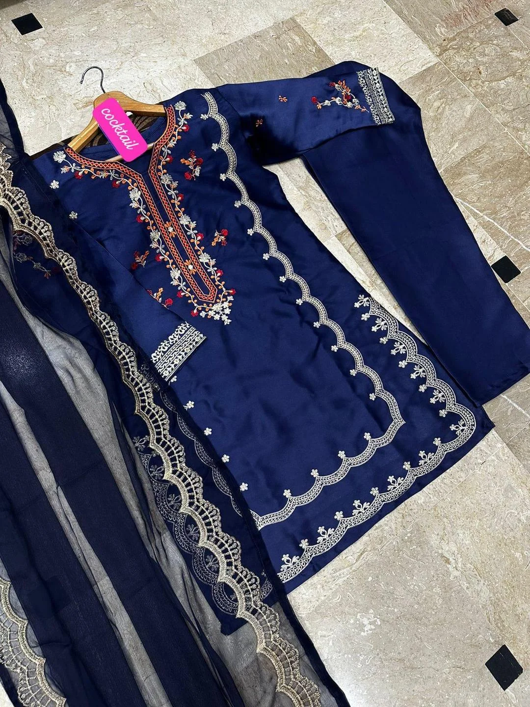 Embroidered Shalmose Silk Women's Stitched Suit with V-Neck and Dupatta in Blue - Image 2