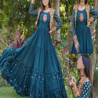 Women's Embroidered Shamoz Silk Maxi & Koti Set Sky Blue