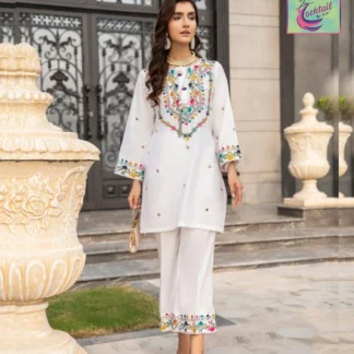 Chic White Embroidered Linen Shirt and Trouser Set for Women